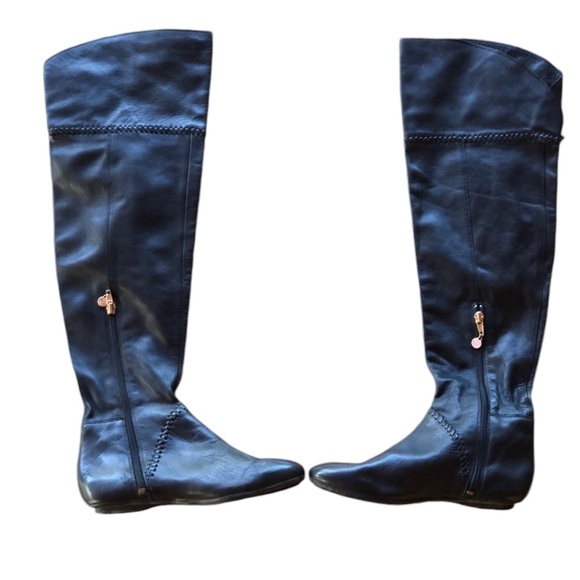 House of Harlow Black Leather Fringe Knee High Flat Footed Boots - Picture 5 of 11